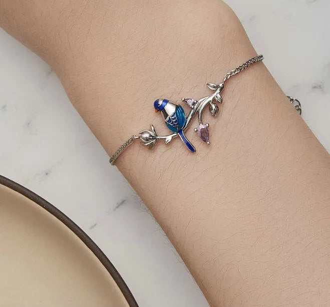 925 silver bird bracelet with dripping oil detail, Kingfisher series women's bracelet in BSB127 colour