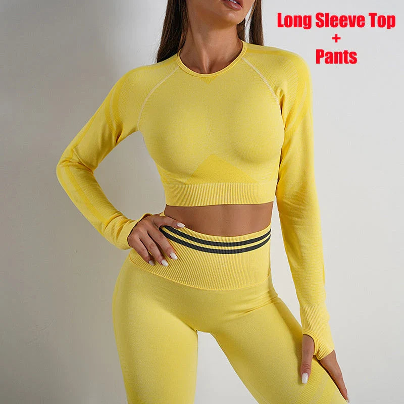 Seamless yoga leggings and long sleeve workout tops in various colors and styles