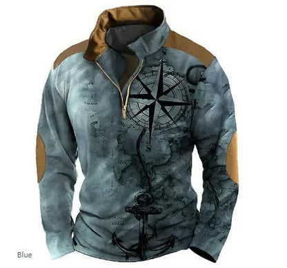 Men's retro striped long sleeve golf polo shirt with zipper decoration detail in bird eye cloth polyester