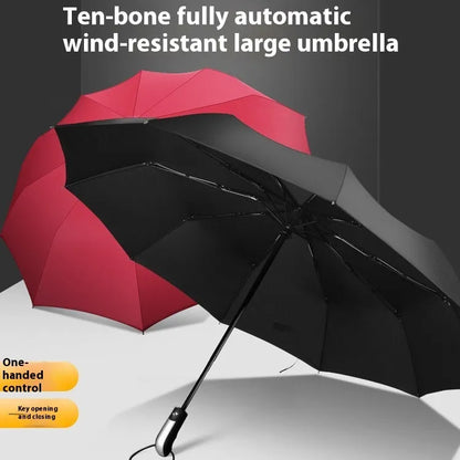 Triple-folding automatic sun-shade umbrella in black with steel ribs and rubber handle, showing compact folded size.