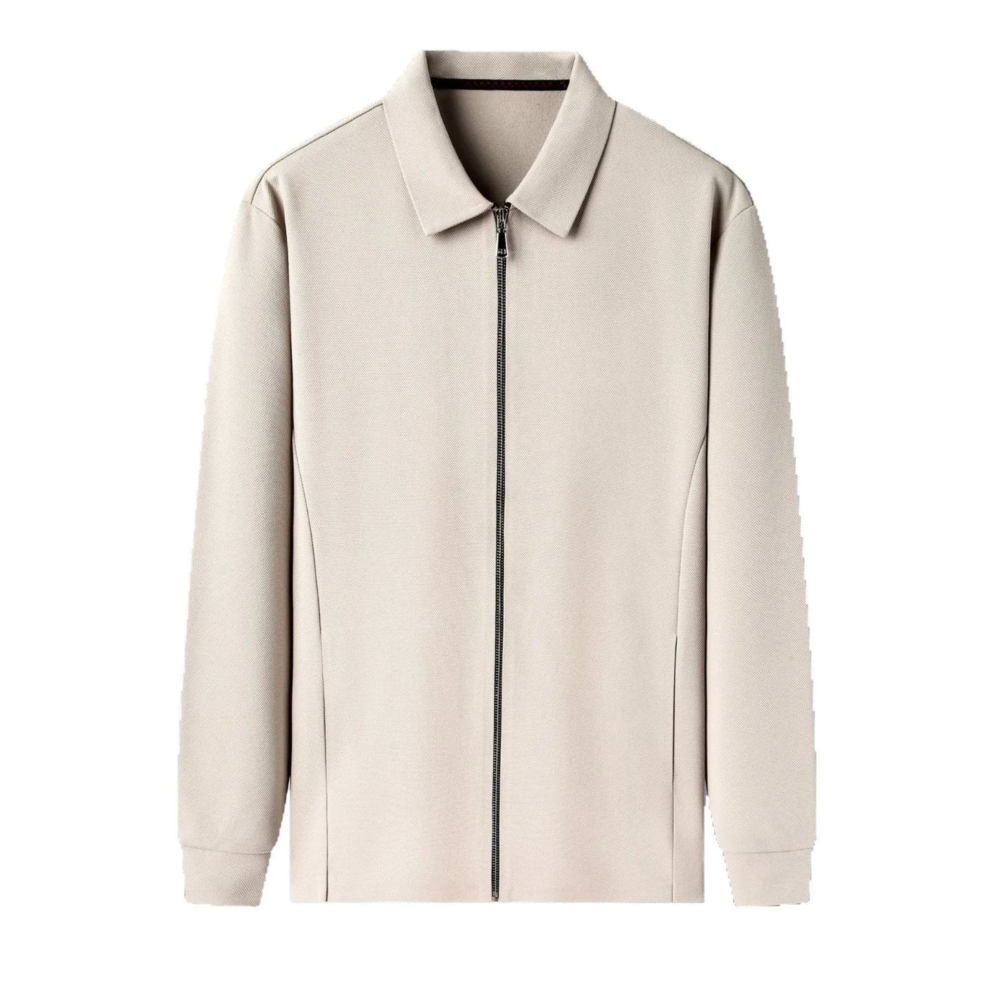 Men's straight hem jacket in black, dark grey, or apricot with regular sleeves and business-casual styling