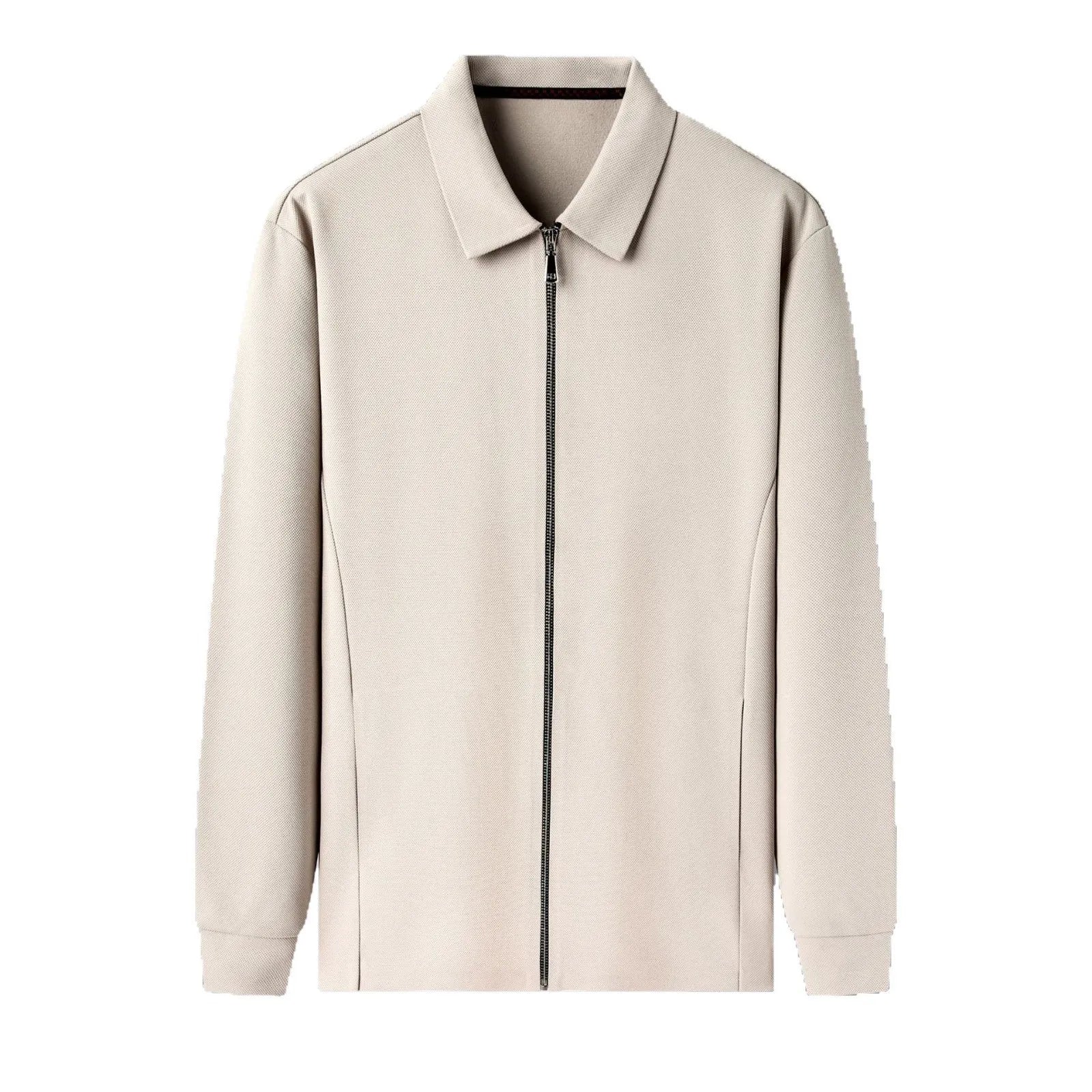 Men's straight hem jacket in black, dark grey, or apricot with regular sleeves and business-casual styling