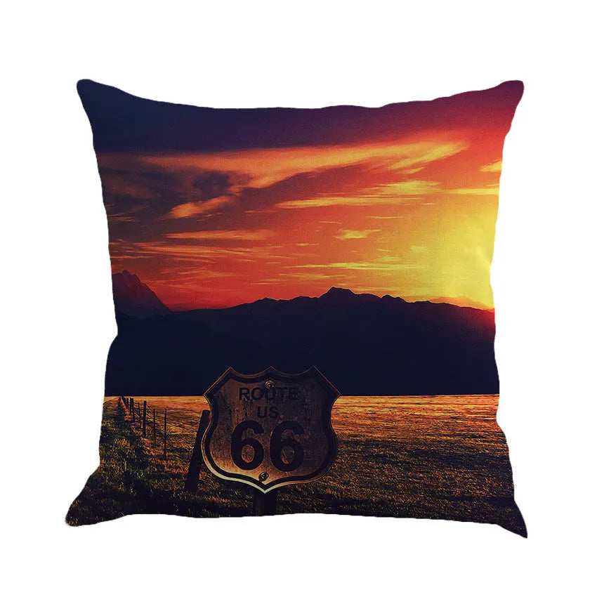 Linen cushion cover with Route 66 landscape pattern in six colour choices, 45 cm square
