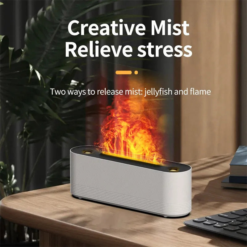 Black and white ultrasonic flame air humidifier and aroma diffuser with LED lights and 0.5L tank