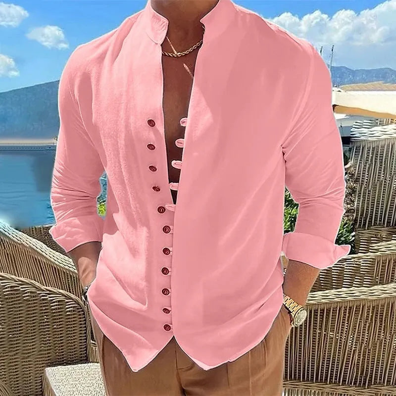 Men's retro button long-sleeved shirt in black, loose fit, standing collar, cotton polyester blend.
