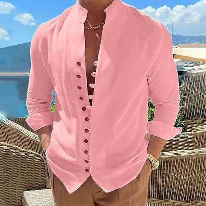 Men's retro button long-sleeved shirt in black, loose fit, standing collar, cotton polyester blend.