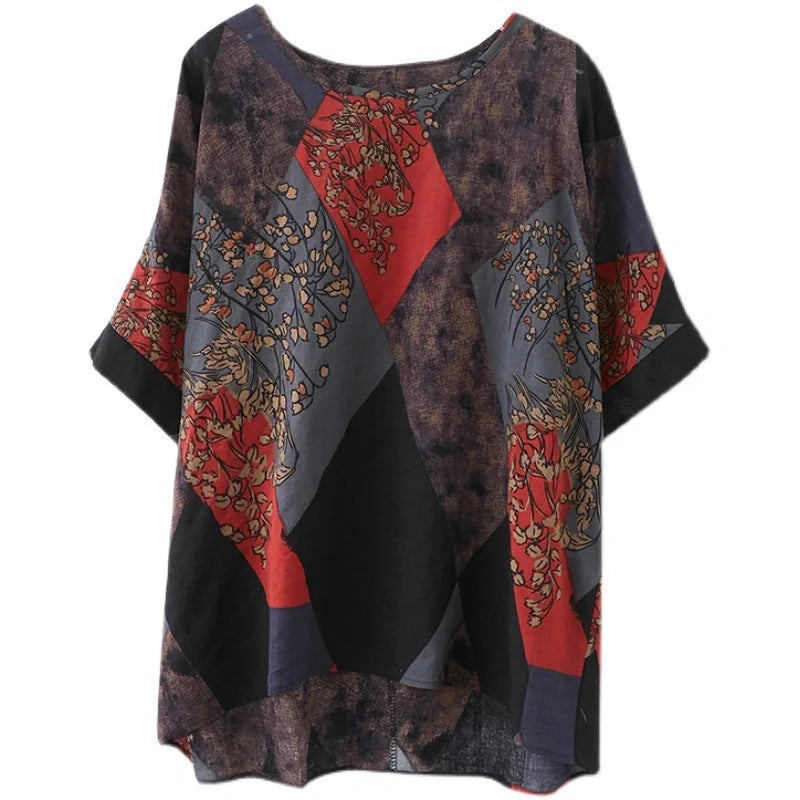 Stylish women's retro-inspired t-shirt in vibrant yellow, red, and brown printed design