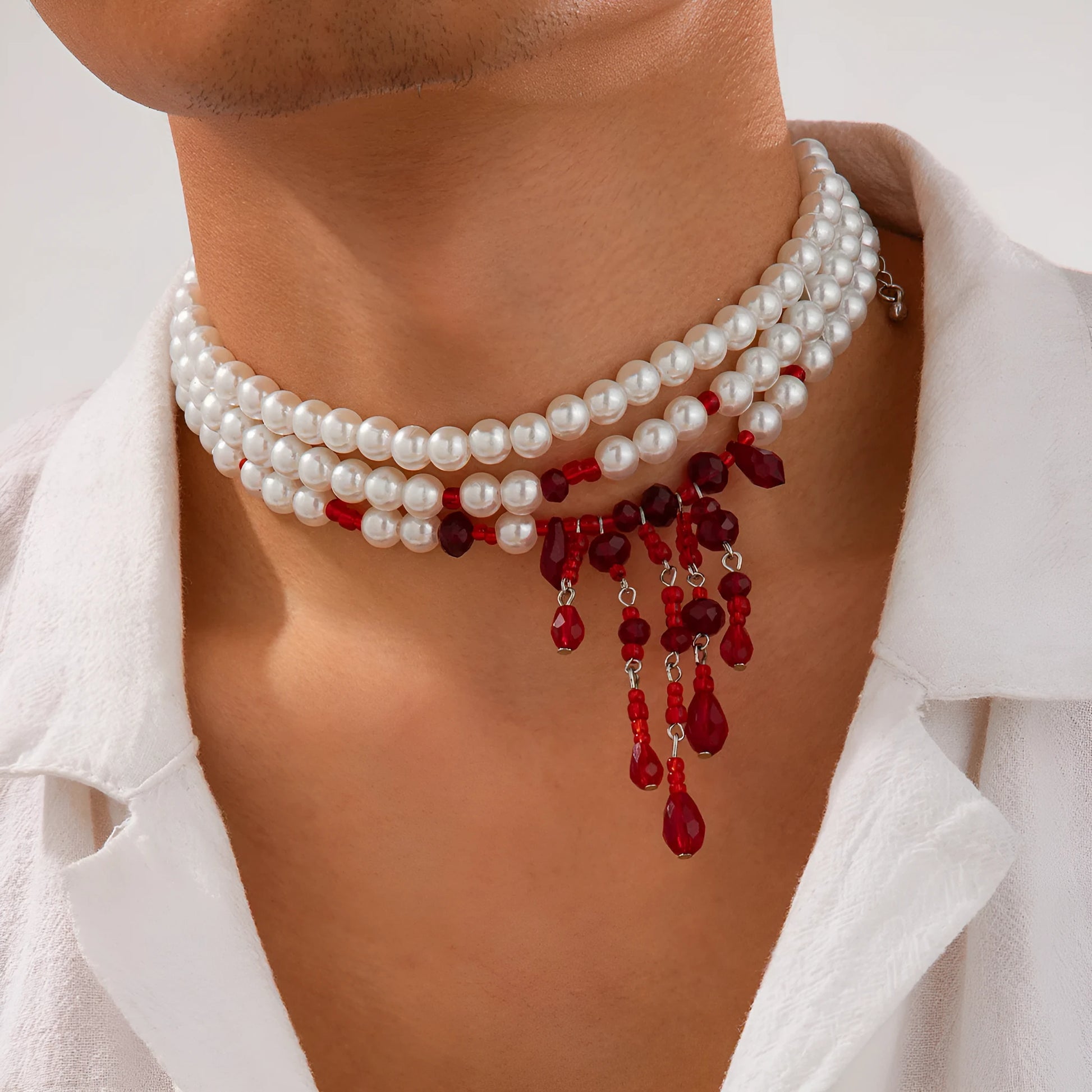 Men's Halloween blood drop tassel necklace with artificial crystal pendant and imitation pearl chain