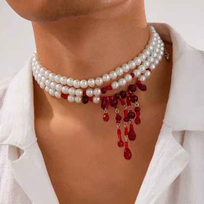 Men's Halloween blood drop tassel necklace with artificial crystal pendant and imitation pearl chain