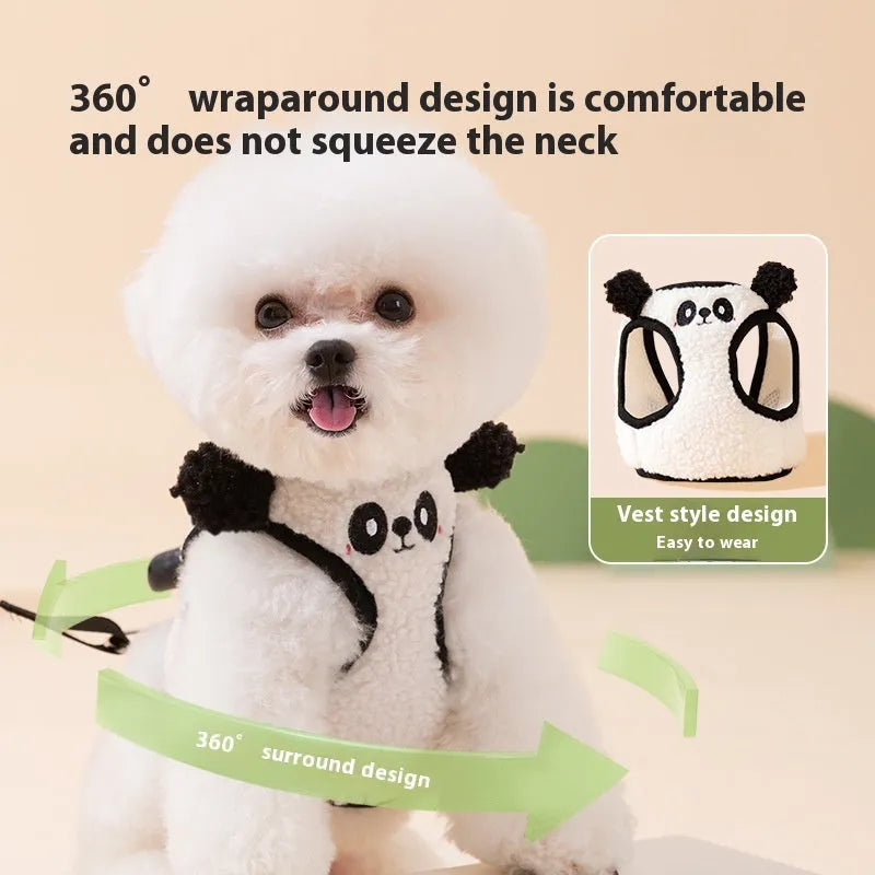 Animal-Shaped Lambswool Dog Lead and Chest Harness with Hand-Holding Rope, Soft Lambswool Material, Available in Panda and Bear Designs, Sizes S to XL, for Small to Large Dogs