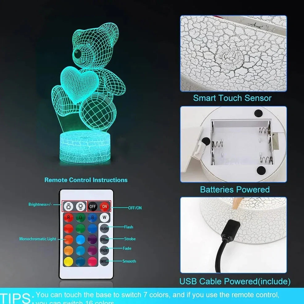 3D acrylic teddy bear LED night light with 16 colour options and remote control