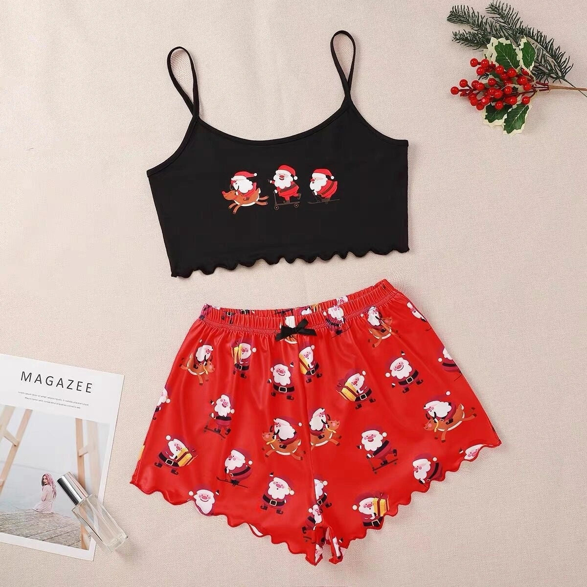 Christmas women's milk silk pajamas two-piece set with festive designs