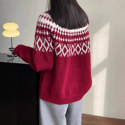 Round neck Christmas knitwear top in brown, red, or black with geometric pattern, long sleeves, loose fit, and 50cm length