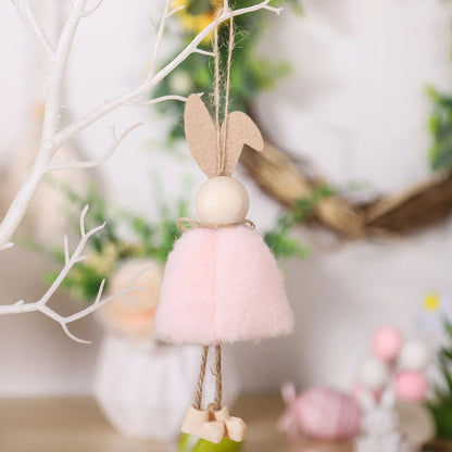Cartoon rabbit cloth pendant Easter decoration hanging from a ribbon.