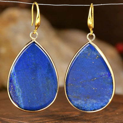 Women's retro-style drop earrings with a natural stone pendant in a water drop shape on an electroplated setting.