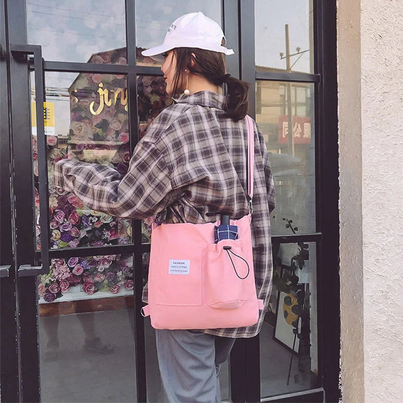Stylish Harajuku-inspired canvas backpack with pockets, available in a variety of vibrant colors