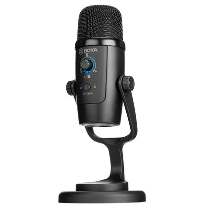 Black Boya BY-PM500 USB microphone with built-in sound card on a desktop.