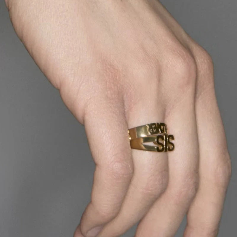 18K gold plated titanium steel letter seal ring with geometric design for women
