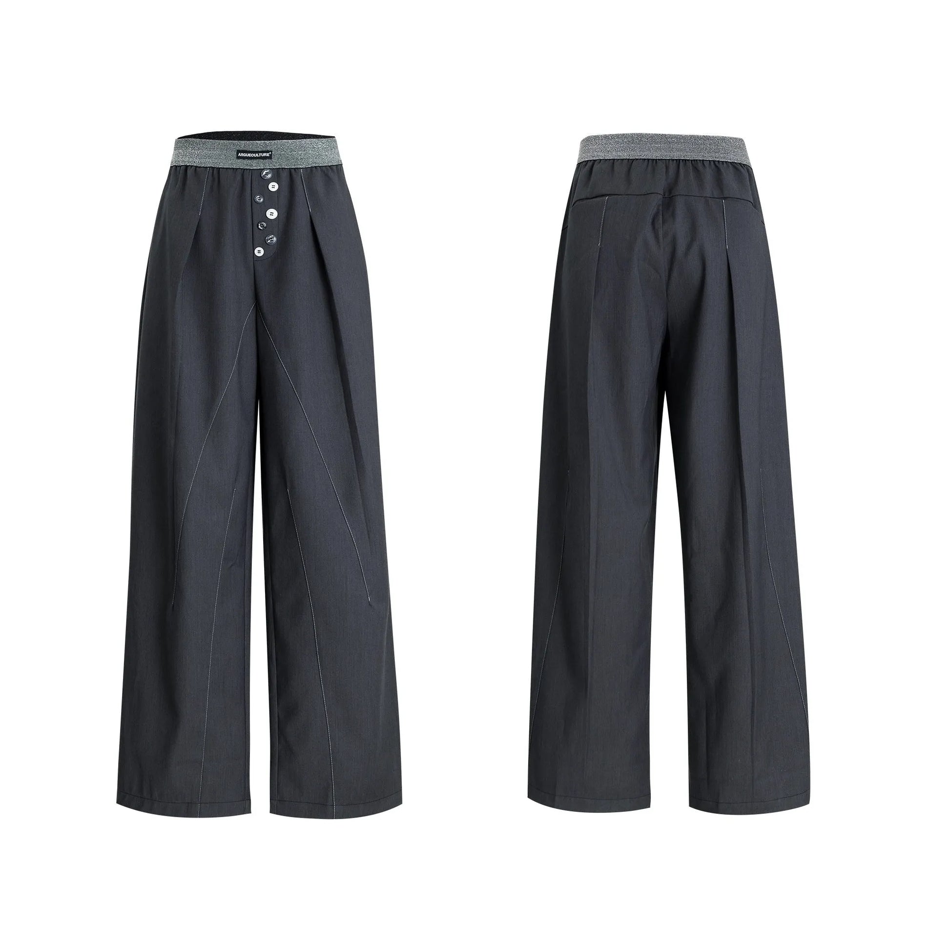 Straight-leg trousers with button-open line detail in black and grey colours, showing high-waist design and tailored silhouette