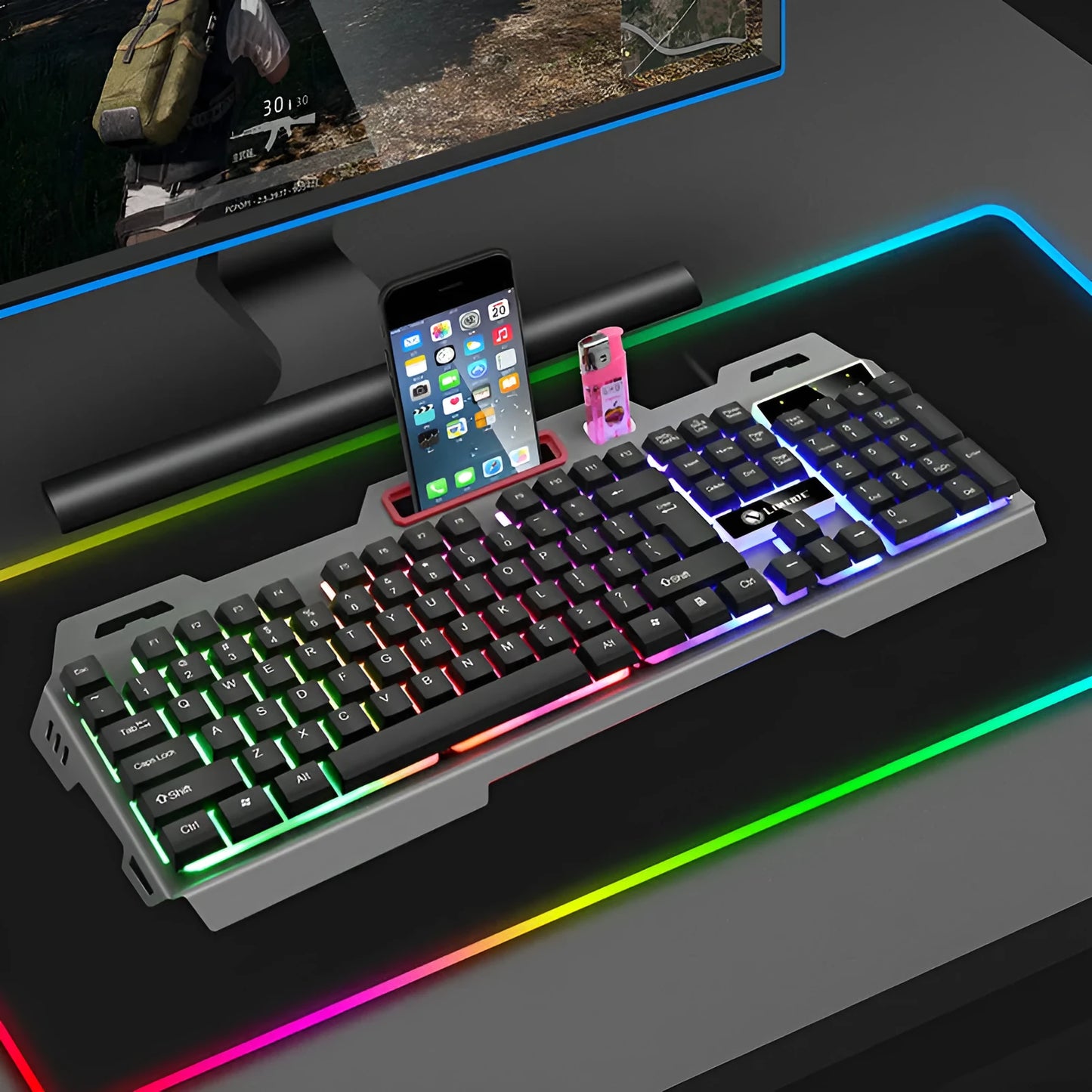 Luminous gaming keyboard and mouse combo in black or white colours with photoelectric technology