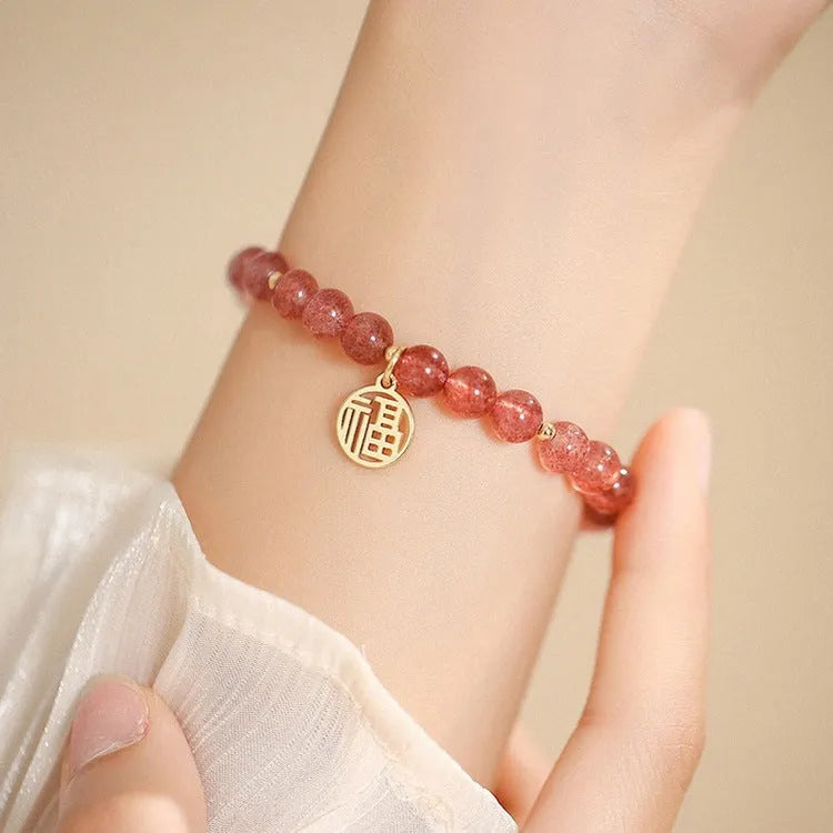 Handmade strawberry quartz blessing card bracelet with glass beads in new Chinese style.