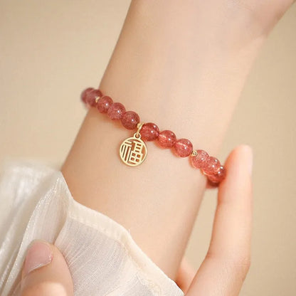 Handmade strawberry quartz blessing card bracelet with glass beads in new Chinese style.
