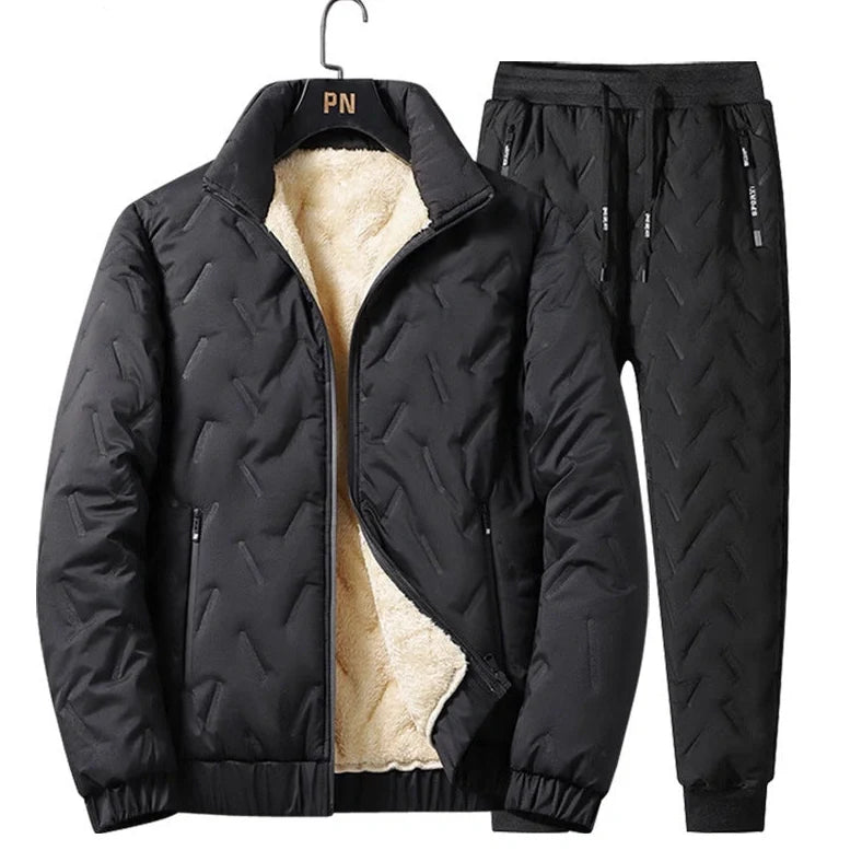 Men's grey fleece zipper jacket and tapered pants set with turn-down collar and zippered pockets