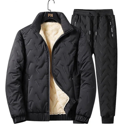 Men's grey fleece zipper jacket and tapered pants set with turn-down collar and zippered pockets