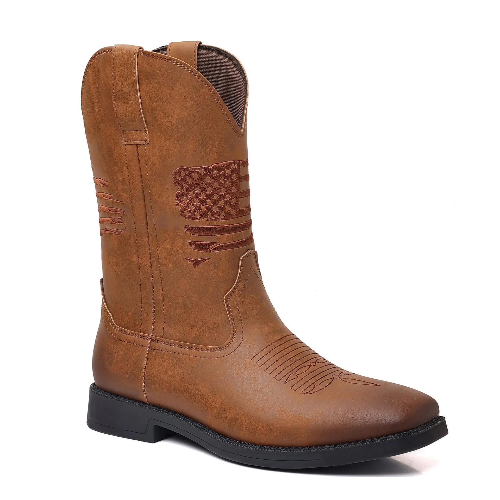 Men's brown retro wide square-toe cowboy boots with high shaft and horseshoe low heel on a white background.