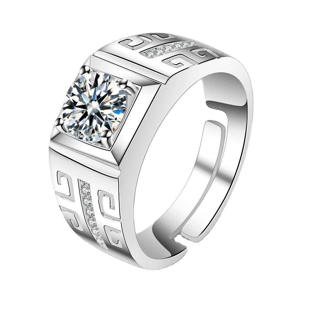 Large square diamond men's ring made of copper with an adjustable band, shown in gold and platinum colour options.