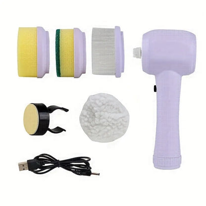 Purple and white 5-in-1 cordless electric rotary brush cleaner set for bathroom sink, kitchen, and window cleaning