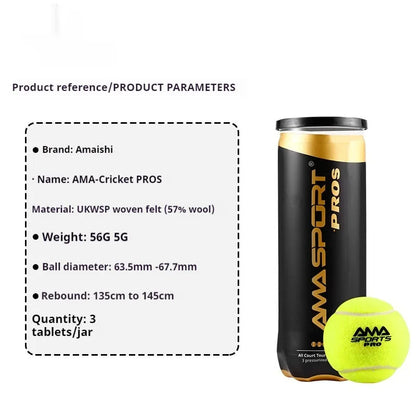 Three high elasticity training tennis balls for cage plate tennis and cricket practice