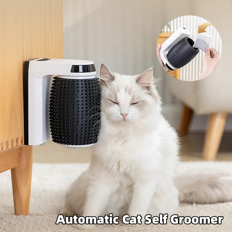 Automatic wall-mounted cat groomer with soft, gentle brushes for hands-free, self-grooming