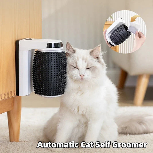 Automatic wall-mounted cat groomer with soft, gentle brushes for hands-free, self-grooming