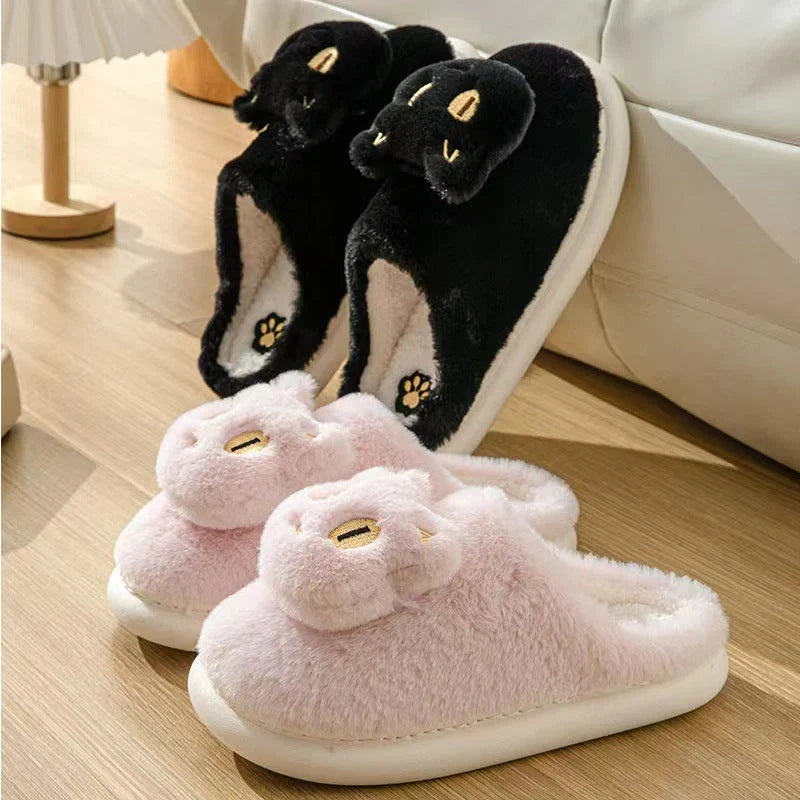 Cotton cat slippers with memory foam insole in black, white, gray, and pink
