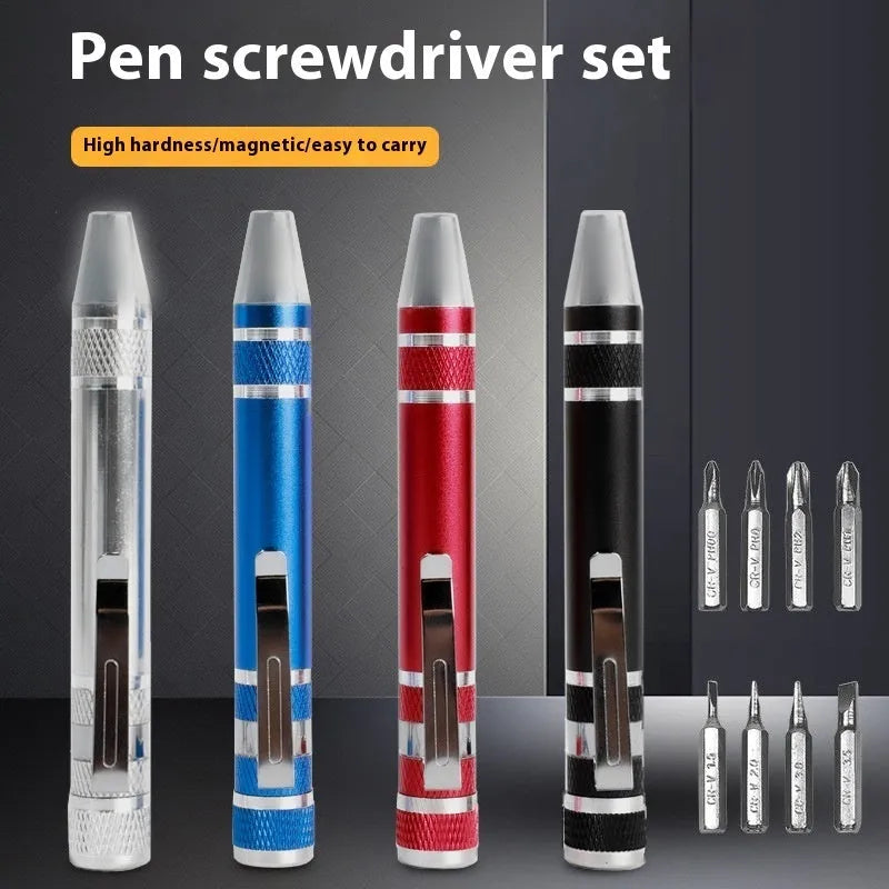 8-in-1 pen-type screwdriver set with aluminium handle and multiple coloured options on a white background.