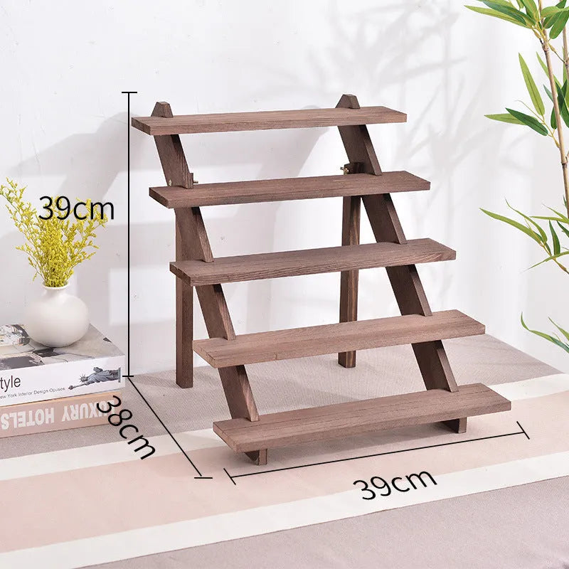 Multi-layer wooden stepped shelf in natural wood or walnut colour, shown in 2 to 5 tier floor-standing versions
