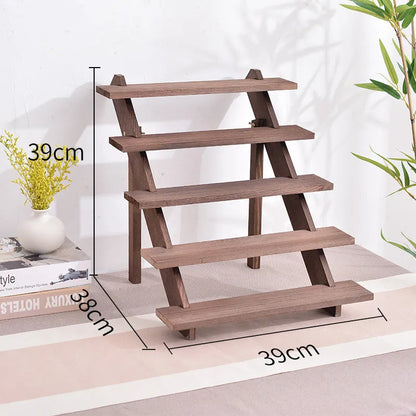 Multi-layer wooden stepped shelf in natural wood or walnut colour, shown in 2 to 5 tier floor-standing versions