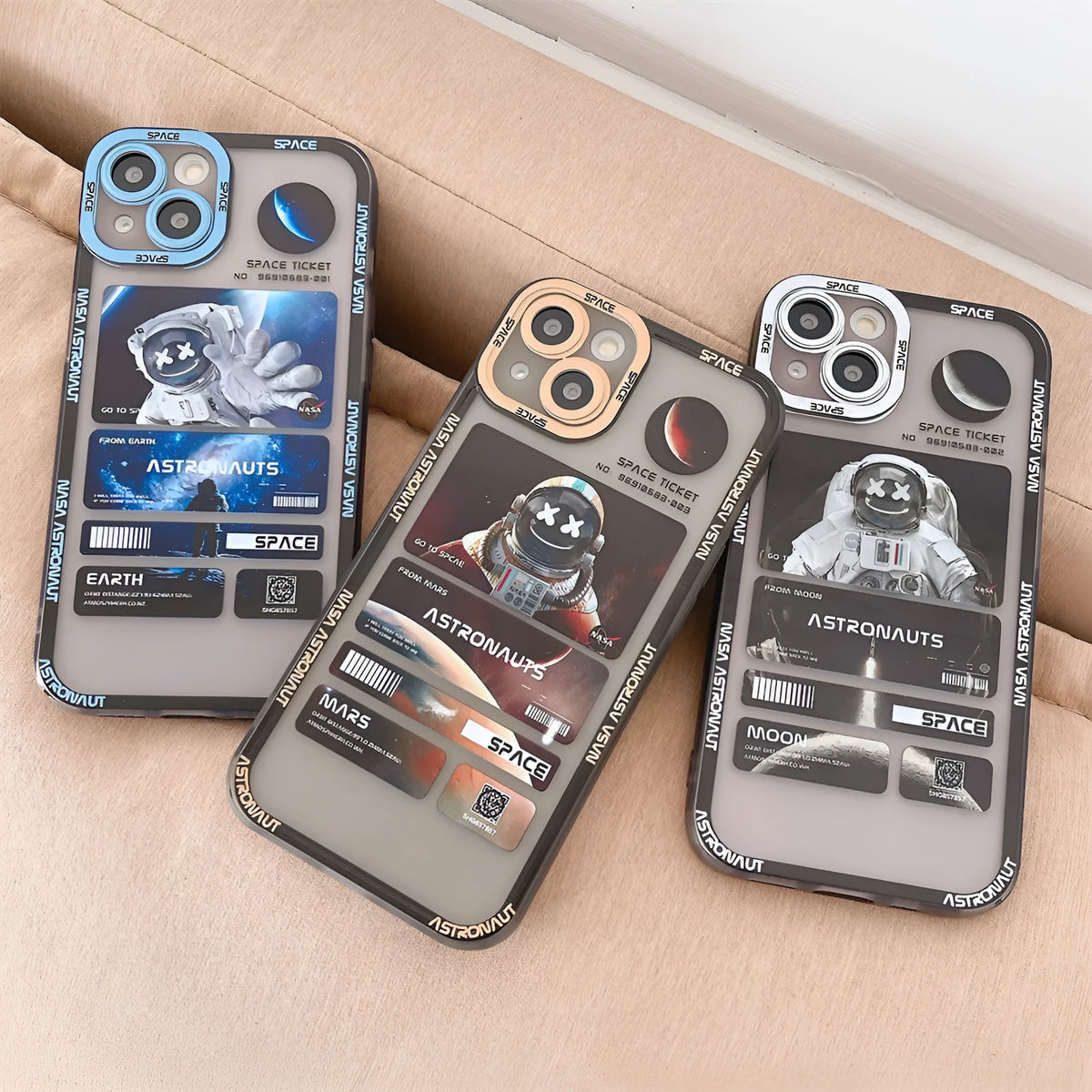 Blue and black space astronaut graffiti design on a silicone iPhone case for iPhone 13.