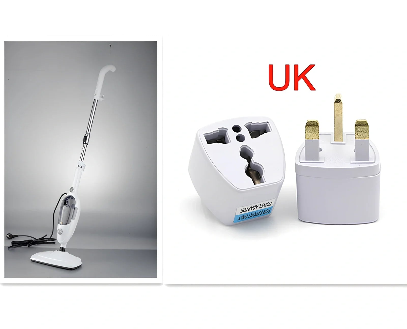 White multifunctional steam mop with 22x29x120cm dimensions, 10-in-1 accessories, and rectangular base for floor cleaning