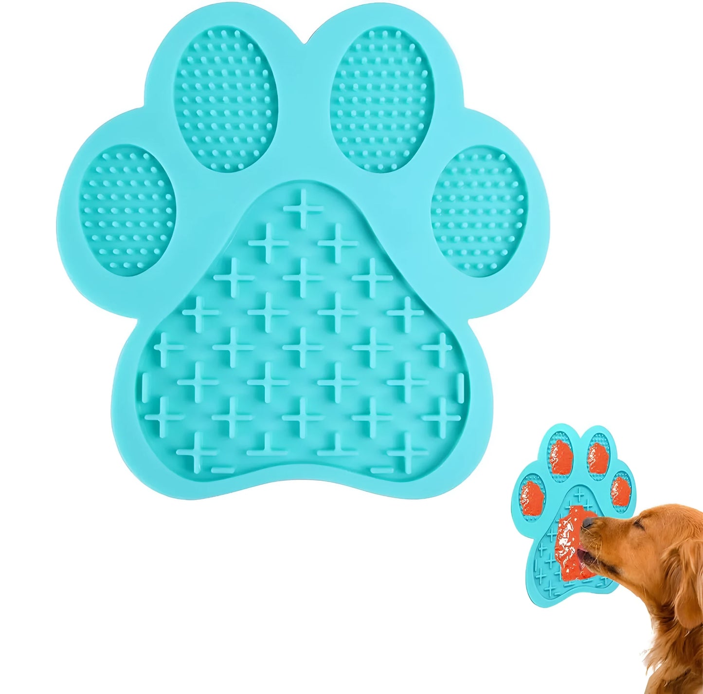 Bone-shaped blue silicone dog licking mat with suction cups on a tile surface