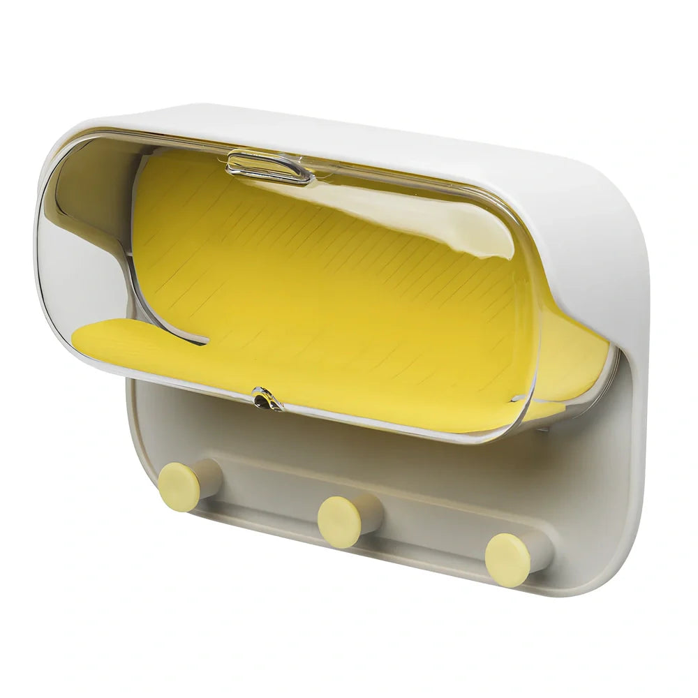 Grey punch-free bathroom storage box mounted on wall with transparent lid showing glasses inside