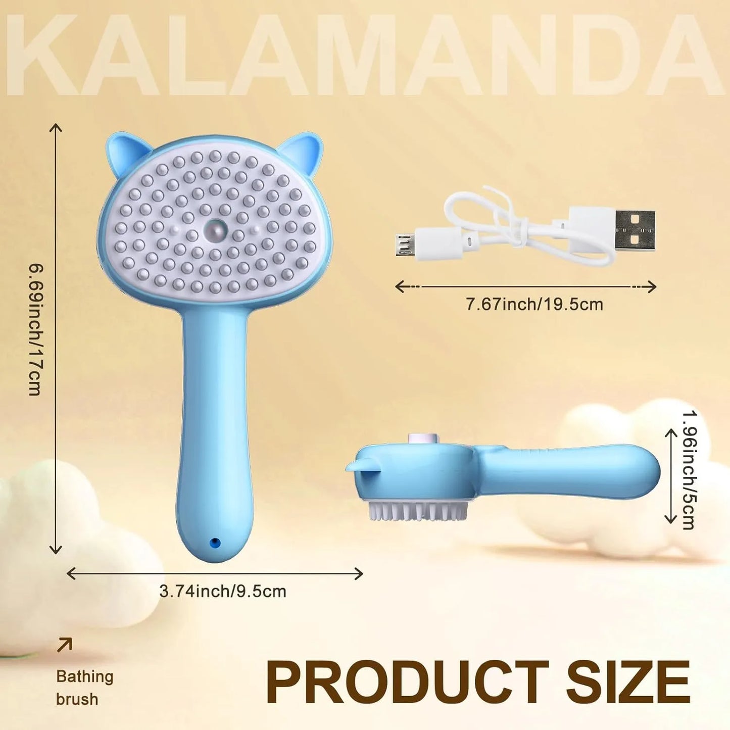 Cat ear-shaped steam brush with blue handle, rubber bristles, and release button for pet grooming