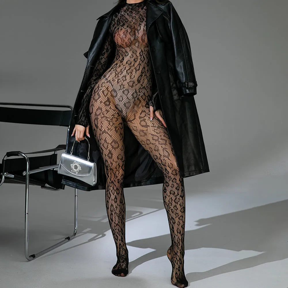 Black women's one-piece lingerie with long fishnet sleeves and a backless jacquard pattern.