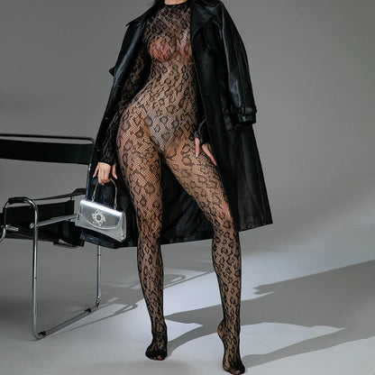 Black women's one-piece lingerie with long fishnet sleeves and a backless jacquard pattern.