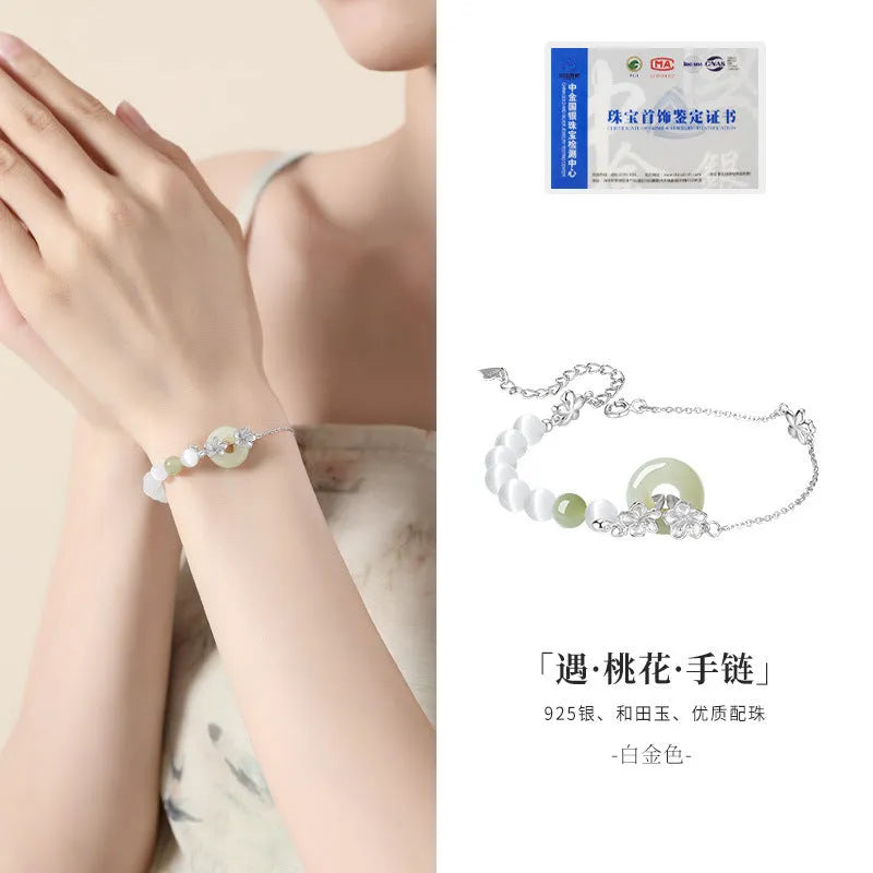 Pure silver peach blossom bracelet with safety buckle closure in new Chinese style design