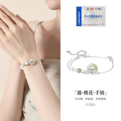 Pure silver peach blossom bracelet with safety buckle closure in new Chinese style design
