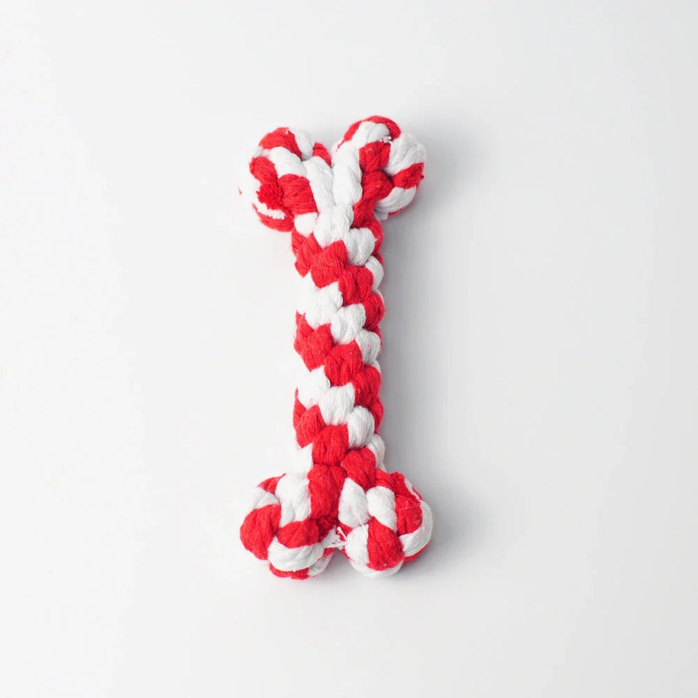 Premium cotton rope chew toys in various shapes and colors, including bones, hearts, and chicken thighs, designed for small dogs and puppies