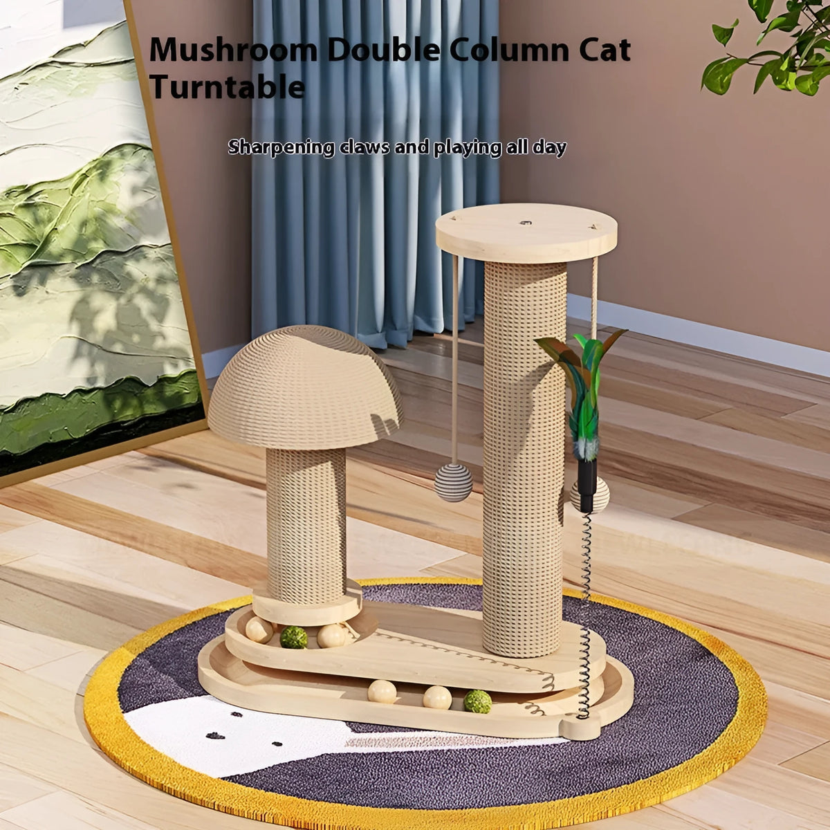 Solid wood cat scratching post with sisal rope and a brown oval turntable on a thick wooden base.