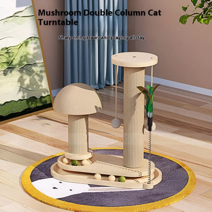 Solid wood cat scratching post with sisal rope and a brown oval turntable on a thick wooden base.